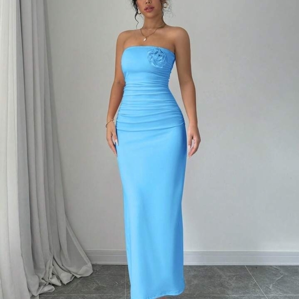 SHEIN Blue Maxi Dress With Ruching and Rosette, Size Small